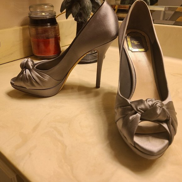 Miss Dior Gray Satin Platform Peep Toe Pump (9) - Picture 2 of 11